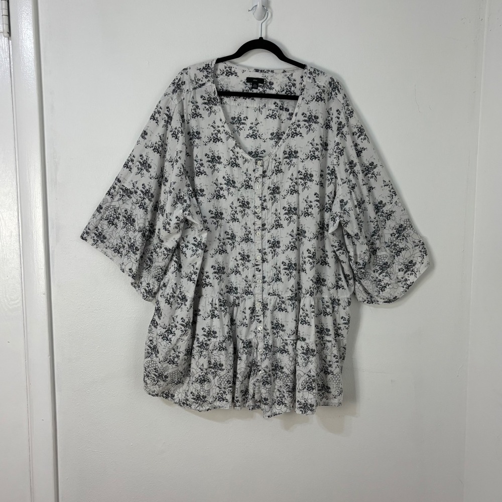 Ellos Tunic Blouse Cottagecore Floral Button Down Tiered Pintuck Cotton Women 5X